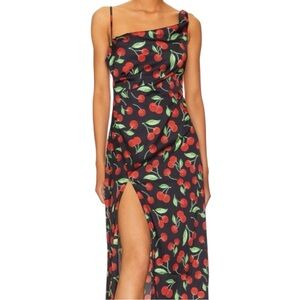 🍒For Love & Lemons Xena Midi Dress XS Cherry Print Asymmetrical Slit Open Back
